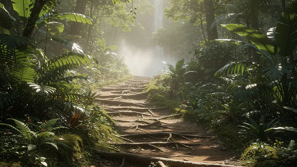 Sentier forestier sinueux menant à une cascade naturelle à travers une végétation tropicale luxuriante