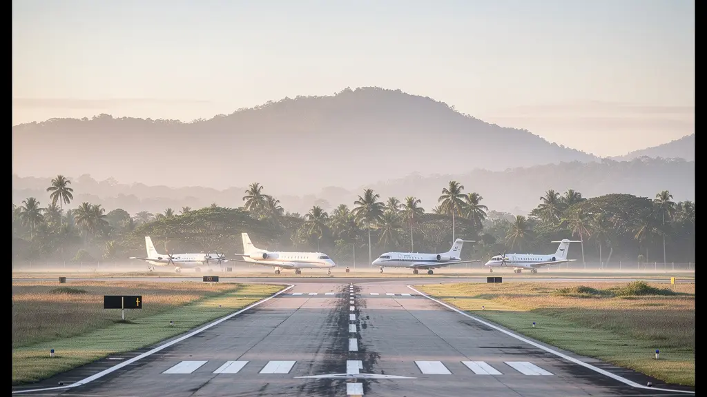 Vue aérienne minimaliste d'un petit aérodrome local entouré de végétation tropicale avec montagnes en arrière-plan