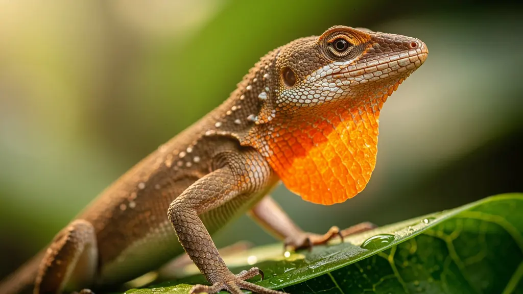 Gros plan macro d'un lézard anolis déployant son fanon gulaire orange sur une feuille