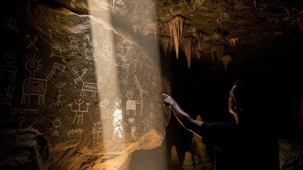 Pétroglyphes Taïno illuminés par une lumière naturelle dans une grotte