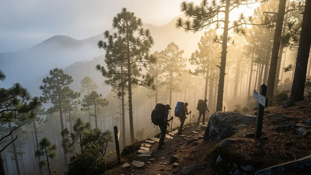 Randonneurs progressant à l'aube vers le sommet du Pico Duarte au milieu d'une forêt de pins d'altitude