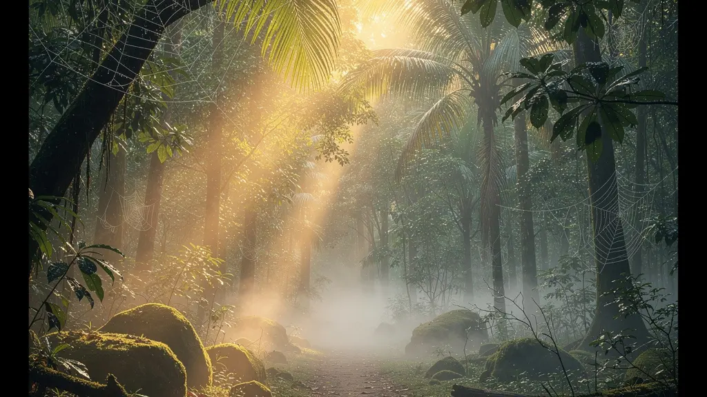 Sentier forestier baigné par la lumière dorée de l'aube avec brume matinale s'élevant du sol de la forêt tropicale