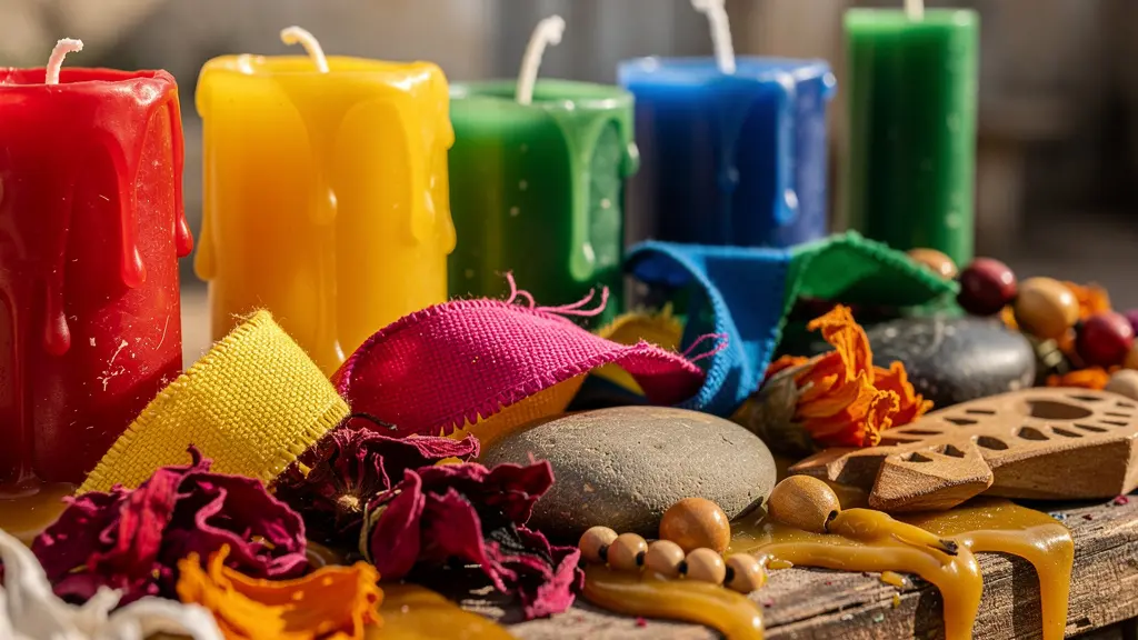 Petit autel coloré dans une cour dominicaine avec bougies, rubans multicolores et offrandes rituelles