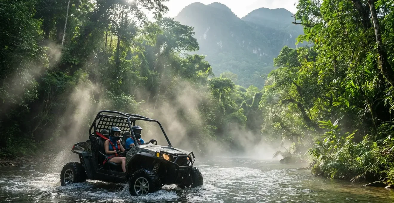 Buggy traversant une rivière en forêt tropicale avec équipement de sécurité en République dominicaine