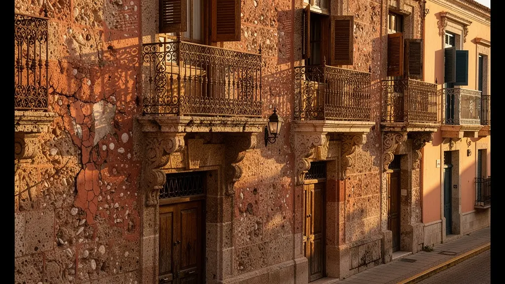 Détail architectural d'un balcon colonial avec grilles en fer forgé de la Zone Coloniale de Saint-Domingue