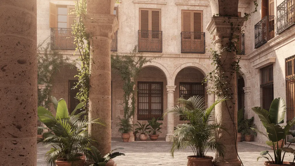 Vue panoramique d'un patio colonial restauré avec arches en pierre corail et végétation tropicale baignant dans la lumière dorée du matin