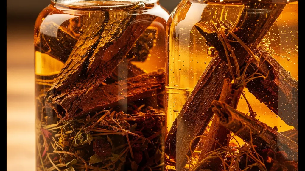 Gros plan sur des bouteilles de Mamajuana artisanale avec herbes et écorces visibles