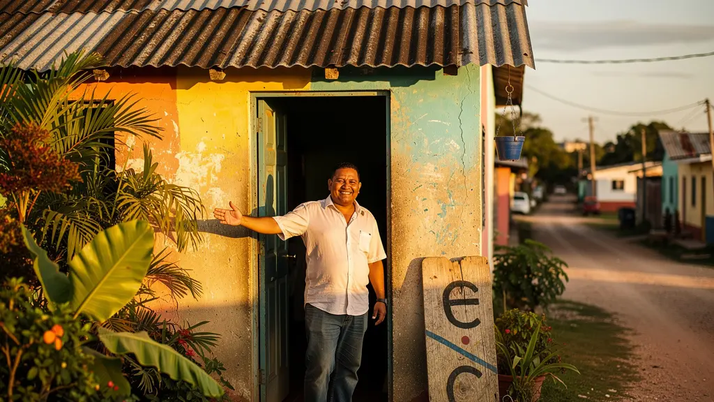 Petite maison colorée avec panneau peint à la main dans un village dominicain