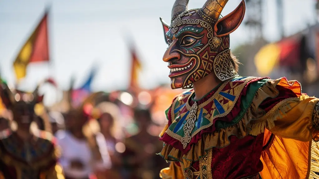 Danseur de carnaval dominicain portant un masque grotesque coloré de Diablo Cojuelo avec costume traditionnel