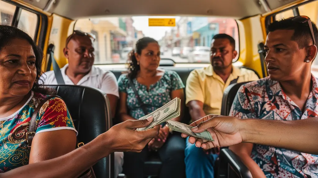 Intérieur d'un taxi collectif dominicain avec des passagers locaux partageant l'espace.