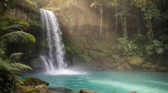 Vue majestueuse d'une cascade en République Dominicaine avec vasque turquoise entourée de végétation tropicale luxuriante