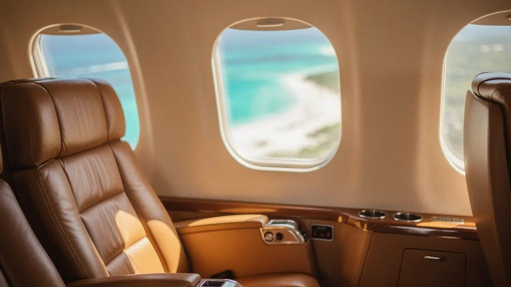 Vue intérieure d'une cabine de Cessna avec sièges en cuir beige et hublots montrant le paysage caribéen