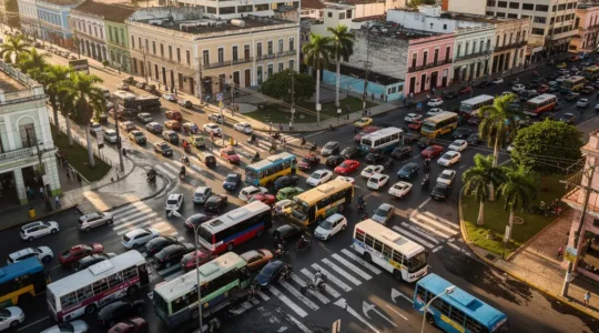 Vue aérienne d'un carrefour embouteillé de Saint-Domingue avec des voitures colorées et des bus publics