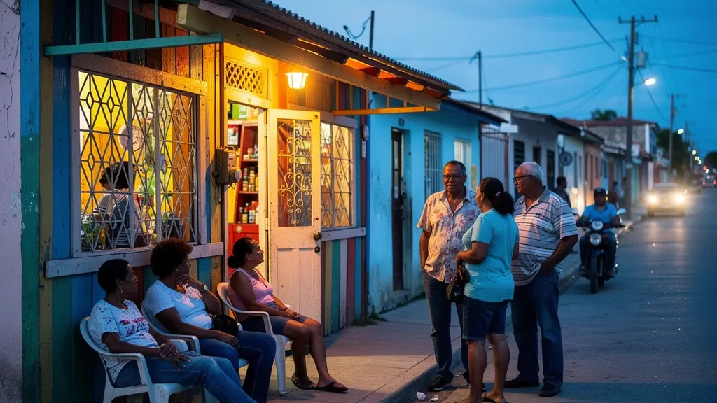 Vue d'ensemble d'un colmado animé au crépuscule avec habitants rassemblés