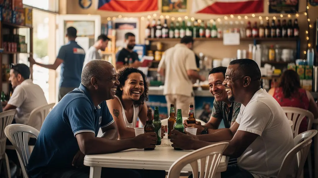 Intérieur chaleureux d'un colmadón dominicain avec des habitants locaux partageant une bière