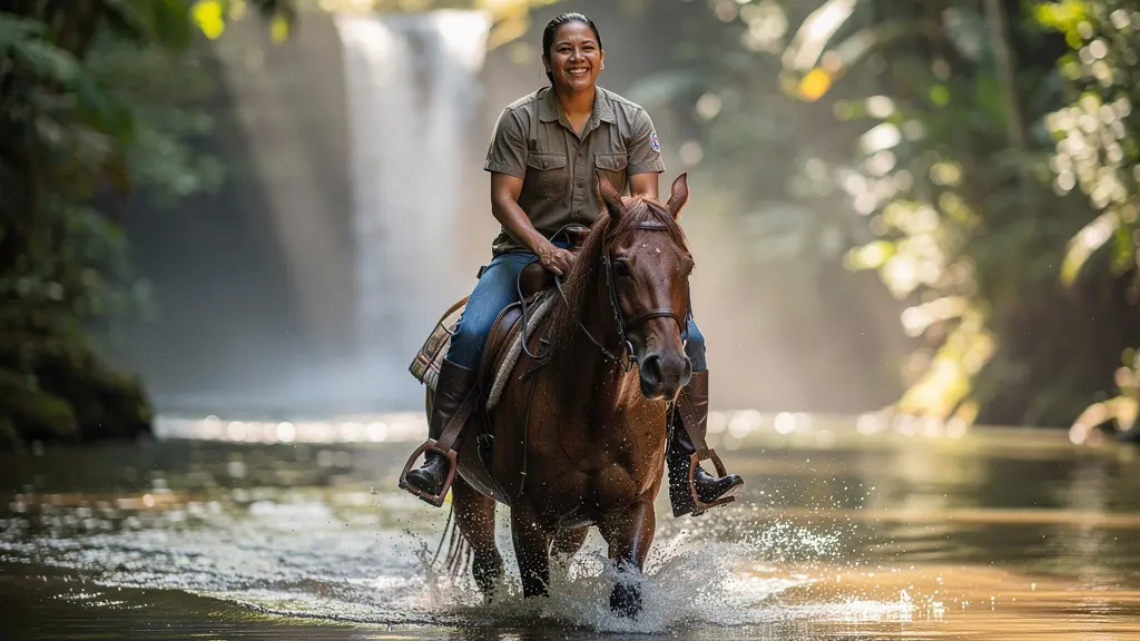 Cavalier traversant une rivière peu profonde à cheval près d'une cascade dominicaine