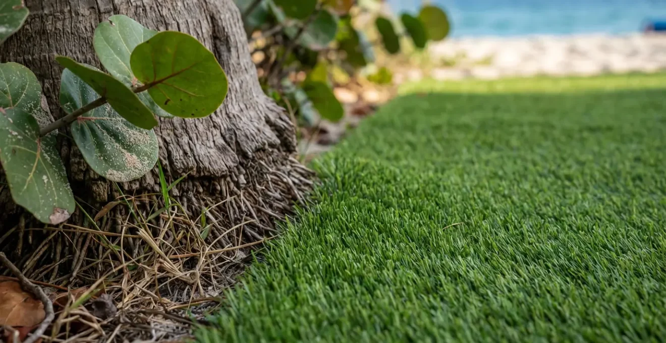 Contraste entre végétation naturelle de bord de mer avec raisiniers et ligne artificielle de gazon d'hôtel