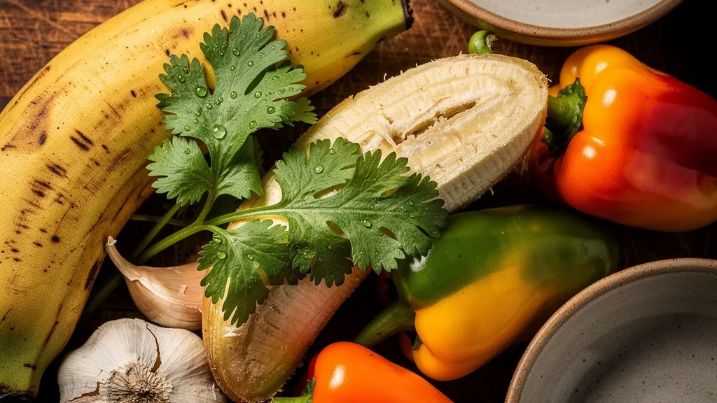 Table dominicaine avec ingrédients locaux et épices disposés pour la préparation d'un repas