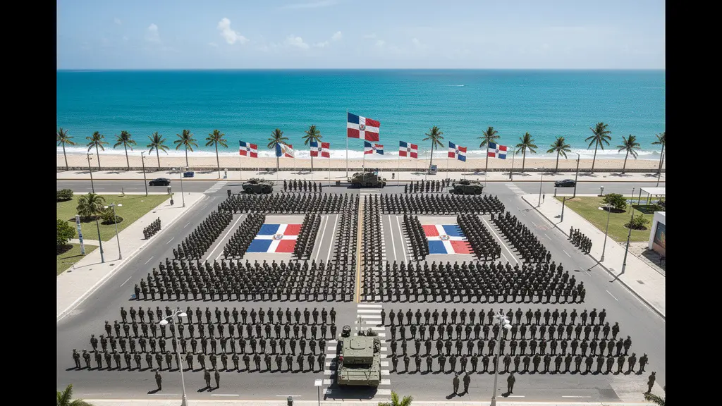 Défilé militaire dominicain avec soldats en uniforme sur l'avenue Malecon, drapeaux nationaux flottants
