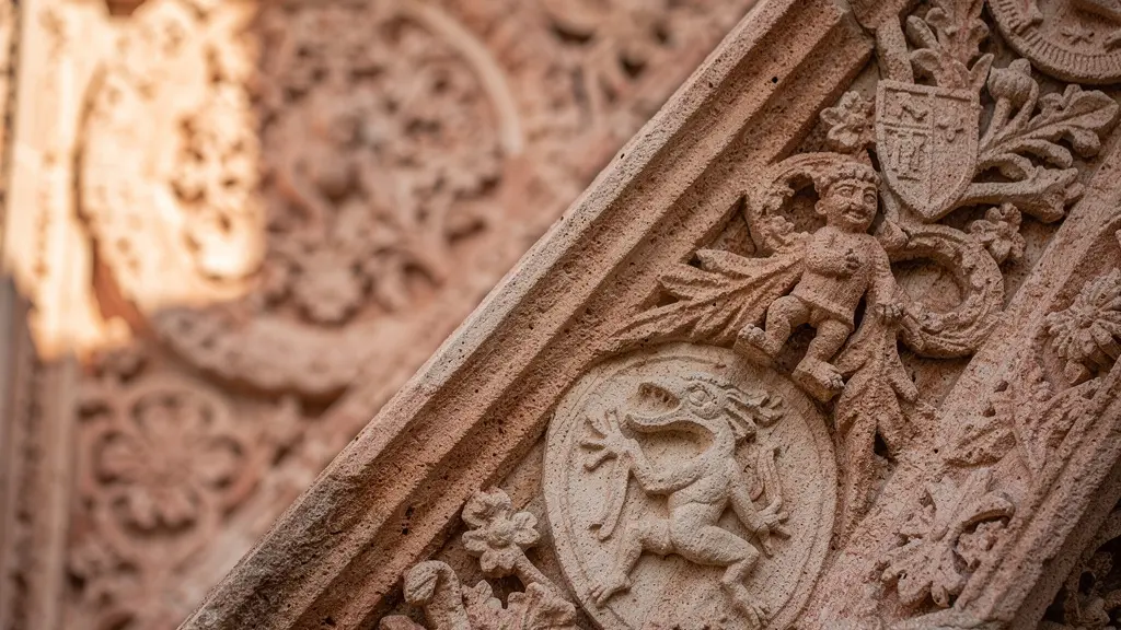 Gros plan macro sur les détails sculptés plateresques de la pierre corail de la façade de la cathédrale, révélant textures et reliefs dans la lumière rasante