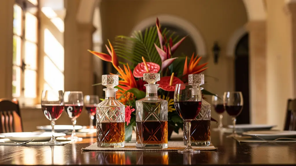 Table de dîner formel dominicain avec sélection de vins et rhums