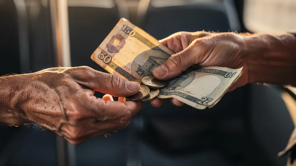 Gros plan sur des mains échangeant de la monnaie locale dans un minibus