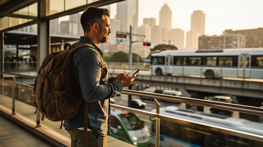 Voyageur économe utilisant intelligemment les transports publics dans une ville moderne
