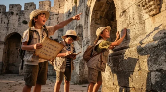 Enfants explorant un site historique avec enthousiasme et curiosité
