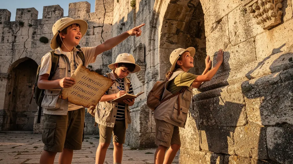 Enfants explorant un site historique avec enthousiasme et curiosité