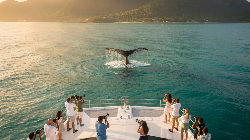 Observation des baleines depuis un catamaran dans la baie avec passagers bien positionnés