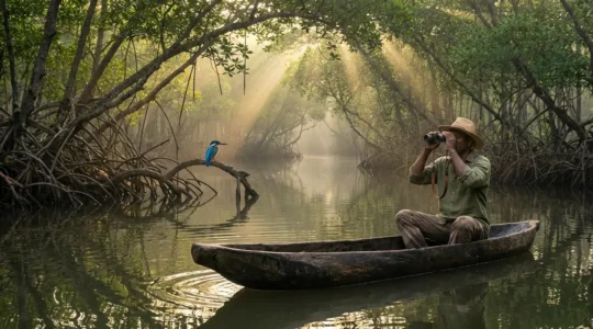 Observation respectueuse de la faune dans une mangrove tropicale avec guide naturaliste local