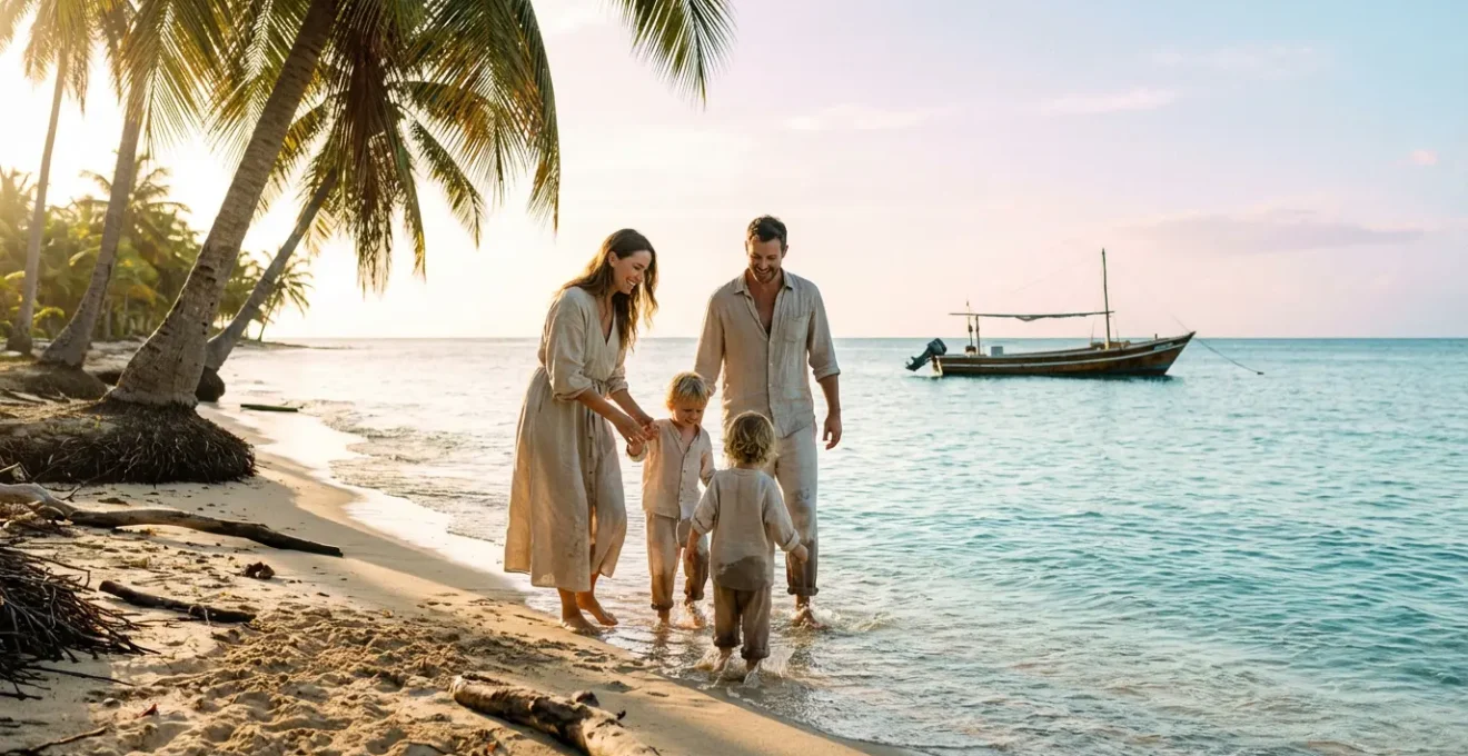 Famille se détendant sur une plage tranquille de sable blanc aux eaux turquoise de Bayahibe