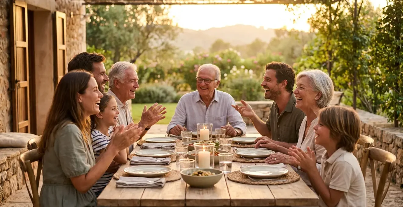 Famille attablée en terrasse au coucher du soleil partageant un moment convivial