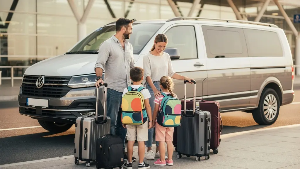 Famille avec enfants et bagages devant un monospace à l'aéroport