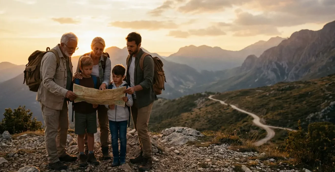 Famille multi-générationnelle en randonnée au coucher du soleil avec carte ancienne