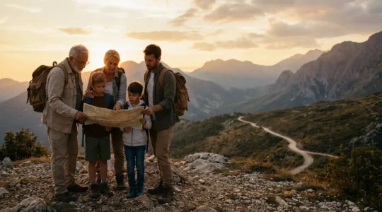 Famille multi-générationnelle en randonnée au coucher du soleil avec carte ancienne