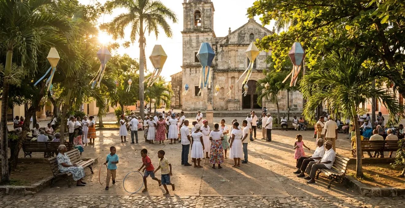 Scène de fête patronale sur le parque central d'un village dominicain