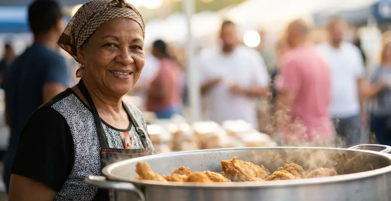 File d'attente animée devant un stand de pica pollo avec des locaux attendant leur commande