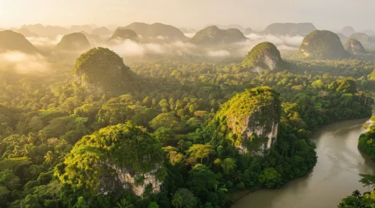 Vue panoramique d'une forêt tropicale dominicaine avec sa végétation dense et ses formations karstiques
