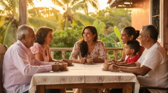 Scène chaleureuse d'une famille dominicaine sur une terrasse avec café et vue tropicale