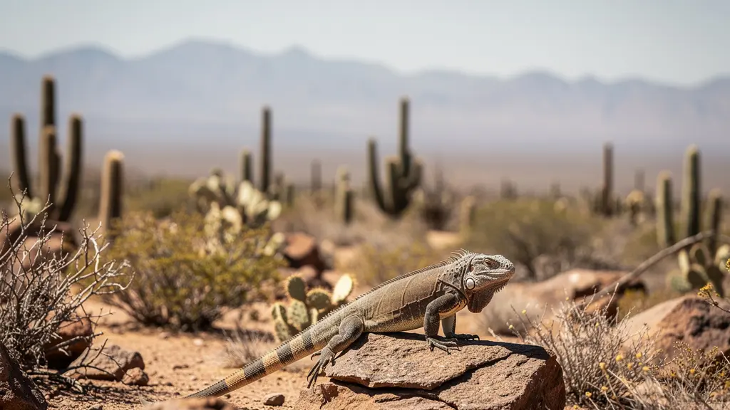Iguane rhinocéros dans son environnement désertique naturel avec cactus
