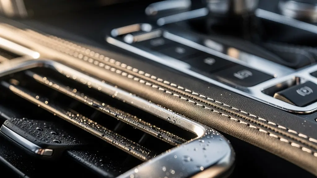 Gros plan sur l'intérieur d'un véhicule premium montrant les détails de confort et d'entretien