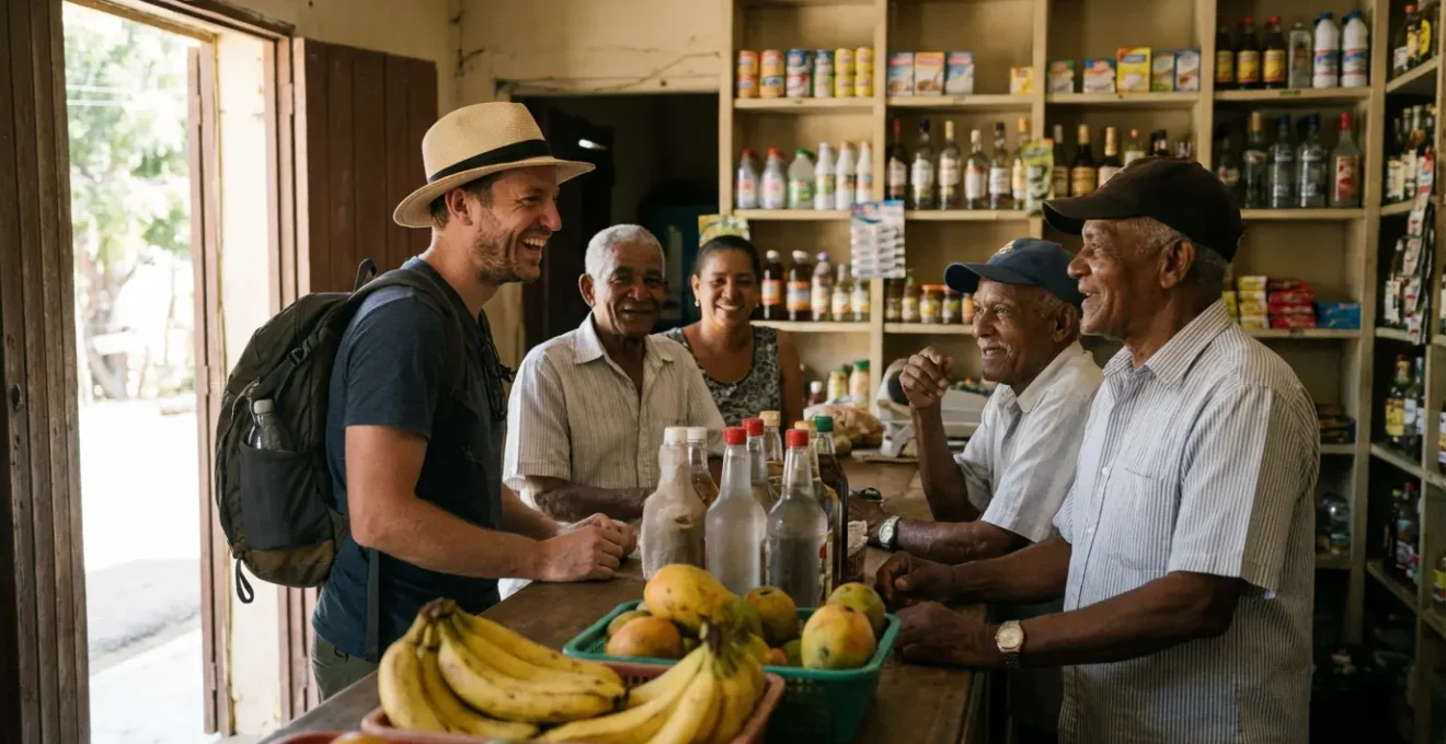 Voyageur immergé dans la culture dominicaine dans un colmado traditionnel