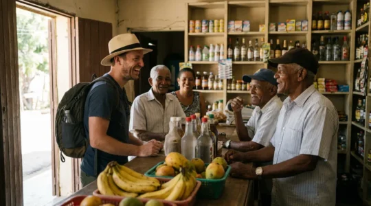 Voyageur immergé dans la culture dominicaine dans un colmado traditionnel