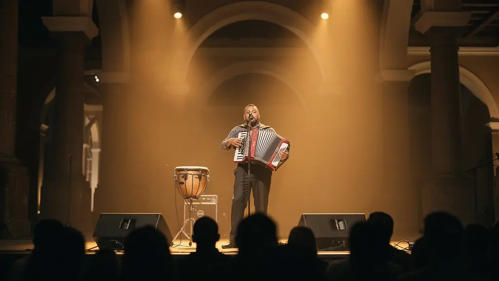 Artiste de merengue sur scène avec accordéon et güira dans une ambiance de concert populaire