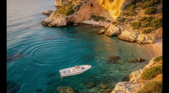 Vue aérienne d'un petit bateau blanc naviguant vers une crique turquoise isolée entourée de falaises méditerranéennes
