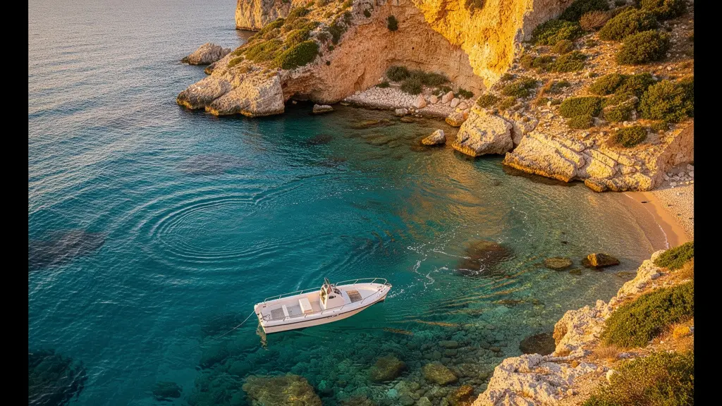 Vue aérienne d'un petit bateau blanc naviguant vers une crique turquoise isolée entourée de falaises méditerranéennes