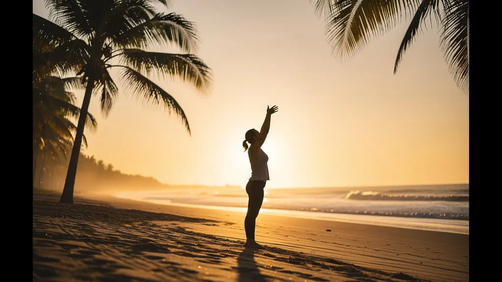 Lumière dorée du matin filtrant à travers les palmiers sur une plage caribéenne
