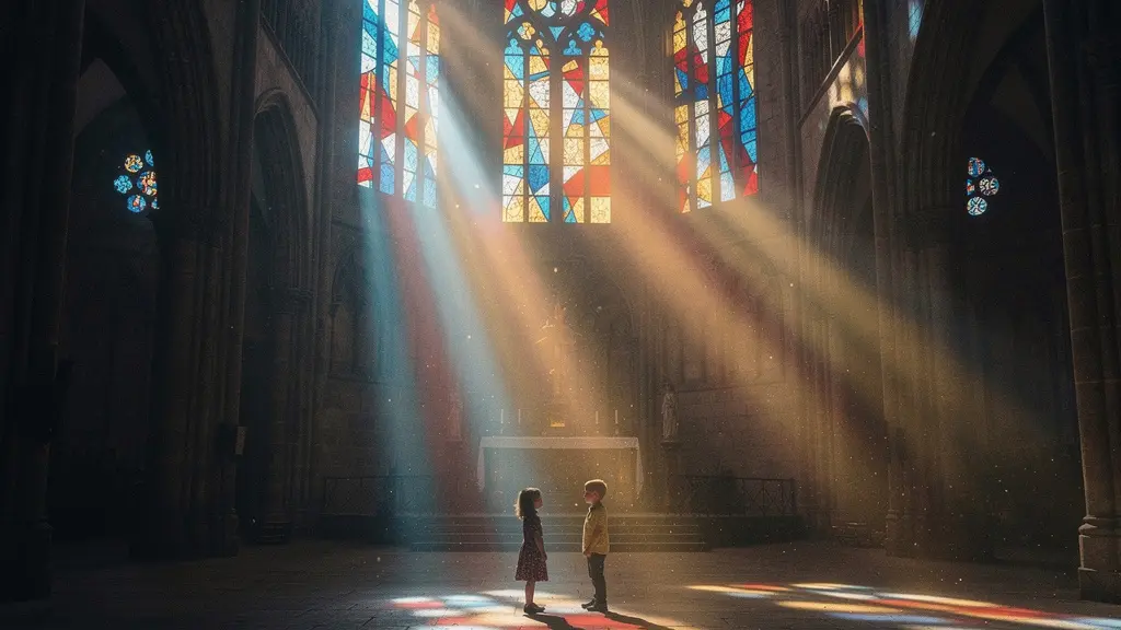 Rayons colorés traversant un vitrail illuminant des enfants émerveillés dans une église