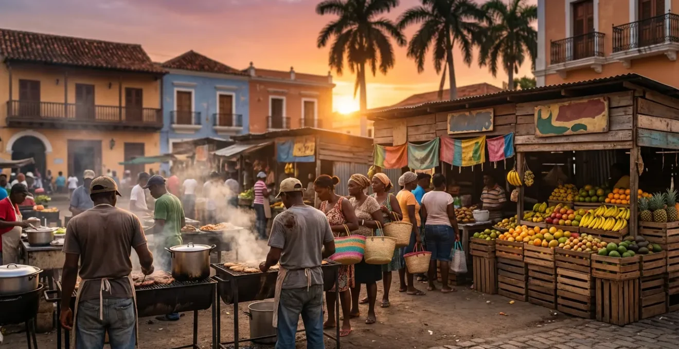 Marché local dominicain animé avec des vendeurs de fruits tropicaux et de plats traditionnels